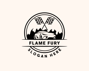 Flaming Car Racing Flag logo design