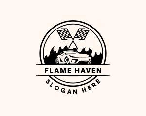 Flaming Car Racing Flag logo design