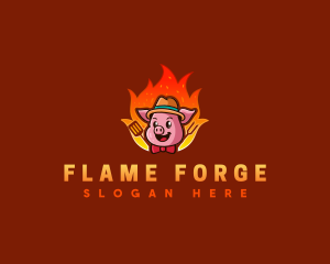 Pig Barbecue Flames logo design