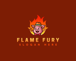 Pig Barbecue Flames logo design