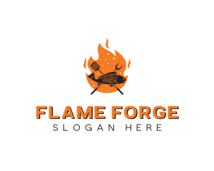 BBQ Flame Cooking Fish logo design