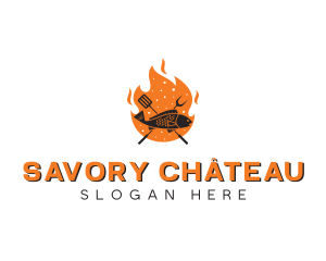 BBQ Flame Cooking Fish logo design