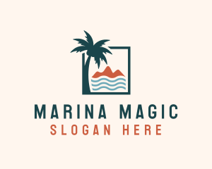 Coconut Tree Mountain Sea logo design