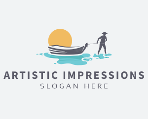 Canoe Boat Sunset logo design