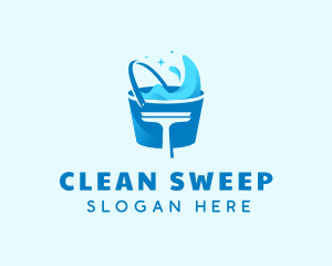 Blue Cleaning Bucket Squeegee logo design