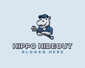 Mechanic Hippo Repairman logo design