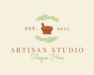 Organic Leaf Mortar Pestle logo design