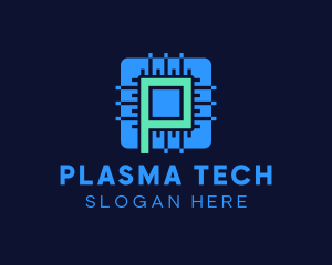 Blue Tech Processor Letter P logo design