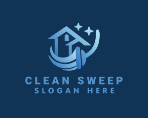 Blue House Cleaning Mop logo design