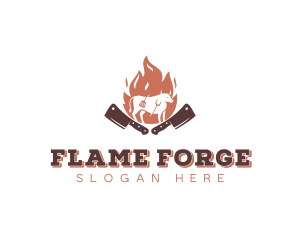 BBQ Flame Bull Cleaver logo design