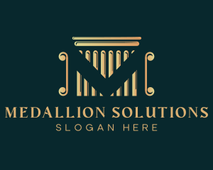 Golden Legal Pillar Letter M logo design