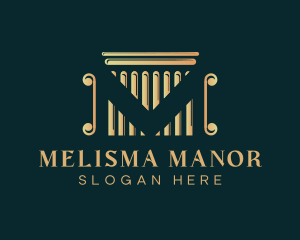 Golden Legal Pillar Letter M logo design