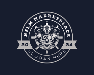 Skull Pirate Ship Helm logo design