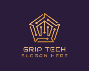 Gold Pentagon Tech Circuit logo design