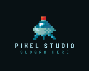 Pixelated Flying Ship logo design