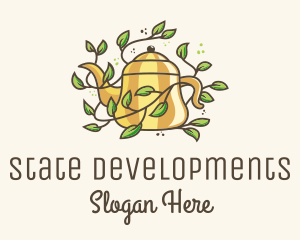 Kettle Teapot Tea Leaves logo design