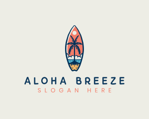 Surfboard Palm Tree Beach logo design