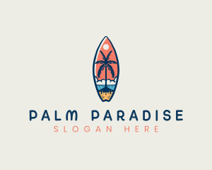 Surfboard Palm Tree Beach logo design