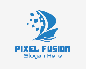 Blue Pixelated Ship logo design