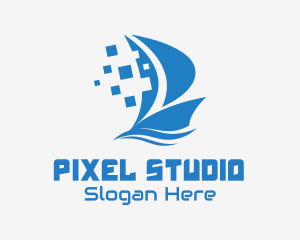 Blue Pixelated Ship logo design