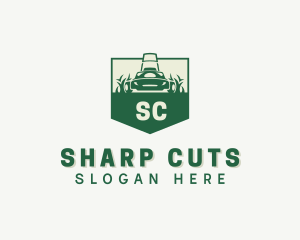 Lawn Grass Mower Shield logo design