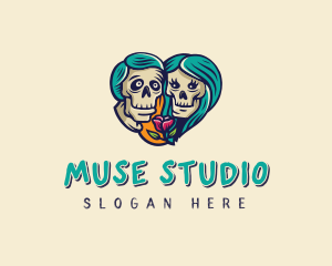 Skeleton Skull Lovers Heart logo design