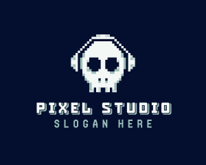 Skull Headphones Pixel logo design