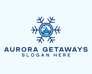 Snowflake Winter Mountain Scene logo design