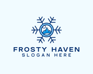 Snowflake Winter Mountain Scene logo design