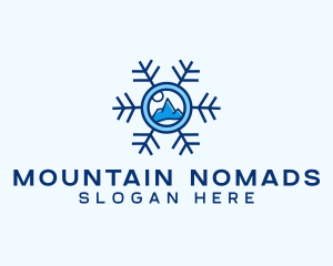 Snowflake Winter Mountain Scene logo design