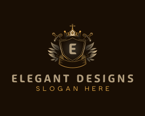 Shield Crown Sword Weaponry logo design