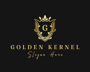 Golden Crown Shield Leaf logo design