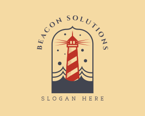 Ocean Wave Red Lighthouse logo design