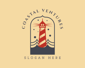 Ocean Wave Red Lighthouse logo design