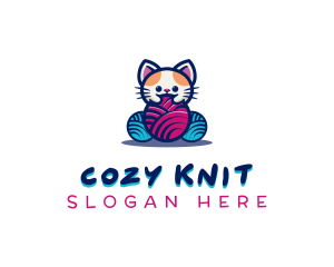 Cat Yarn Knitting logo design