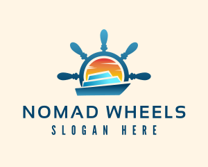 Yacht Steering Wheel Sunset logo design