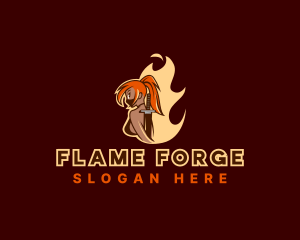 Flaming Ninja Sword Girl logo design