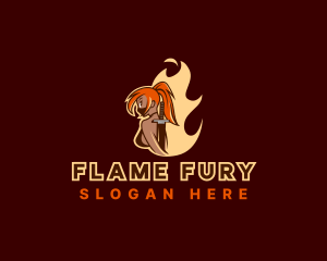 Flaming Ninja Sword Girl logo design