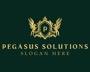 Gold Pegasus Shield logo design