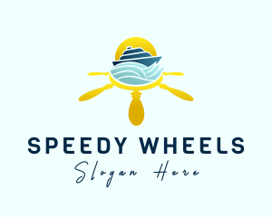 Yacht Steering Wheel Sunset logo design