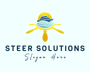 Yacht Steering Wheel Sunset logo design