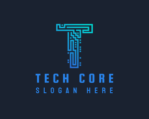 Blue Circuit Network Letter T  logo design