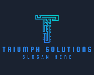 Blue Circuit Network Letter T  logo design