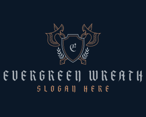 Medieval Axe Shield Wreath logo design