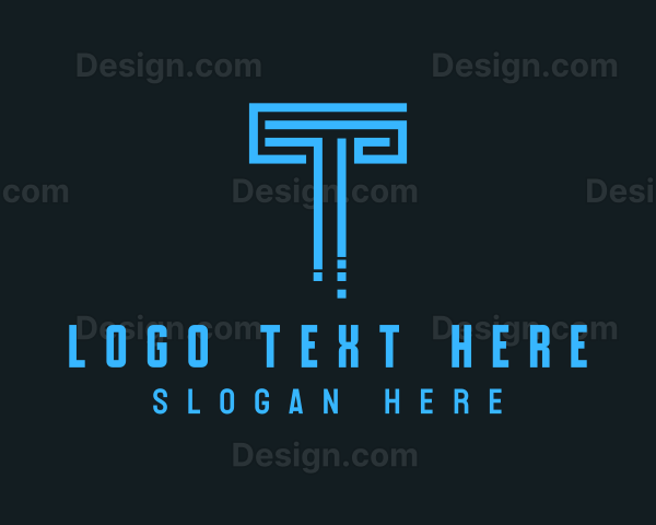 Blue Techno Pillar Letter T Logo