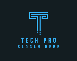 Blue Techno Pillar Letter T  logo