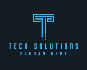 Blue Techno Pillar Letter T  logo