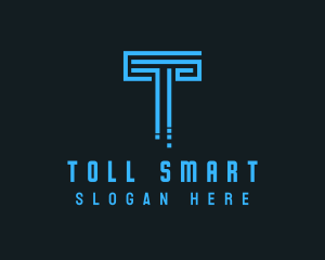 Blue Techno Pillar Letter T  logo design