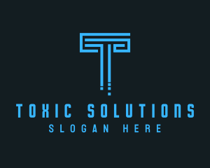 Blue Techno Pillar Letter T  logo design