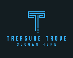 Blue Techno Pillar Letter T  logo design